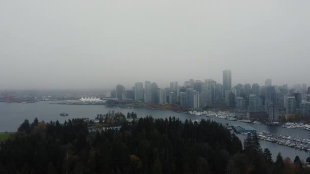 Volar Sobre Parque Vancouver Con Centro Cubierto Con Niebla — Vídeo de stock