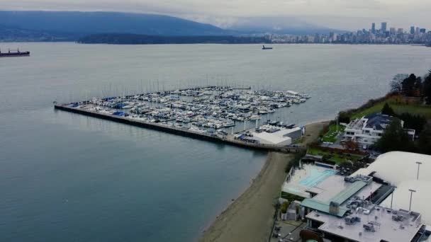 Luftaufnahme Eines Kleinen Yachthafens Mit Yachten Vancouver Und Der Innenstadt — Stockvideo