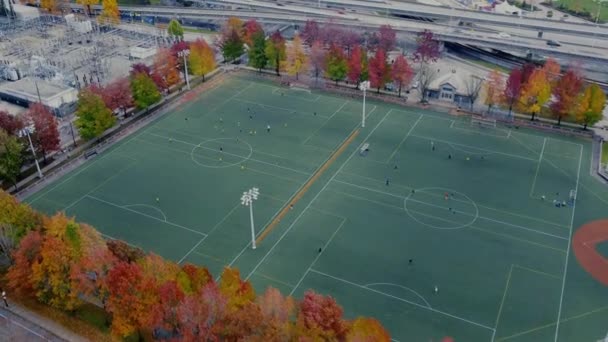 环绕着五彩缤纷的秋天树木的足球场的空中景观 — 图库视频影像