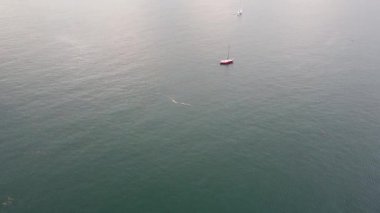 Kanada sularında yalnız kırmızı bir yatın yukarıdan görünüşü