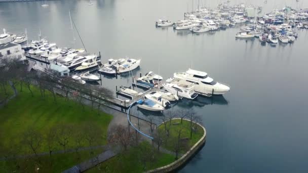 Vuele Sobre Los Yates Puerto Deportivo Día Lluvioso Vancouver — Vídeo de stock