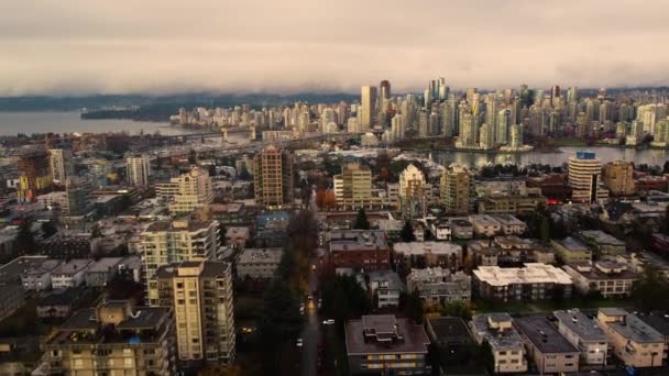 Vista Aérea Del Atardecer Dorado Centro Vancouver False Creek — Vídeos de Stock