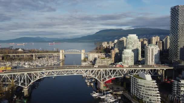 Fly Bridges Vancouver View Cargo Ships Mountains — Stock Video