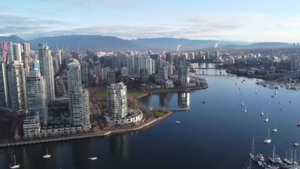 Şehir Merkezindeki Vancouver Havalimanı Dağlar Güneşli Bir Sabahta Deredeki Kayıklar — Stok video