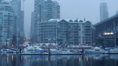 Vancouver şehir merkezi ve Şubat sabahı yağan kar