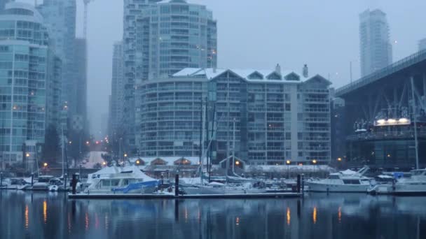 Centro Vancouver Nieve Cayendo Por Mañana Febrero — Vídeos de Stock