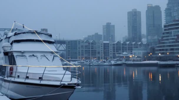 Yacht Covered Snow Neat Vancouver Downtown Frozen Morning — Stock Video