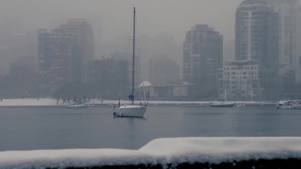 Yate Solitario Cerca Del Centro Vancouver Durante Nieve — Vídeos de Stock