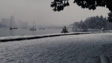 Vancouver 'daki sahil yolunda kar manzarası bulutlu bir sabah