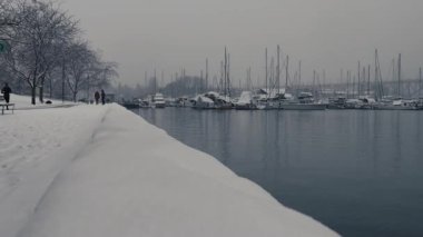 Vancouver 'da karlı bir günde deniz kenarında koşan kişi