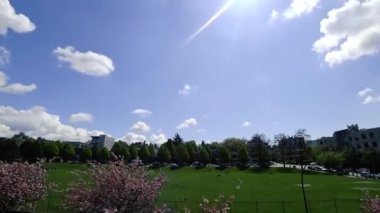 Hızla hareket eden bulutlar, güneşli bir günde, Vancouver 'daki yeşil arazide zaman aşımına uğrar.