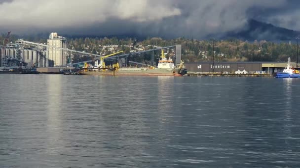 Vancouver Daki Derenin Kıyısında Arkasında Dağlar Olan Bir Terminal — Stok video