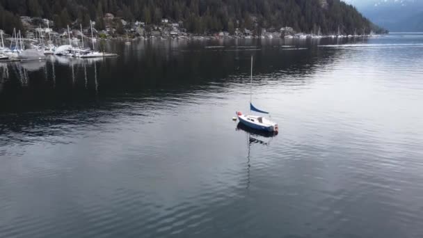 Eenzame Jacht Afgemeerd Inham Canada Met Omliggende Groene Heuvels — Stockvideo