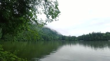 Kanada gölünde yağmurlu bir gün. Çevresinde yeşil bir orman ve alçak bulutlar var.