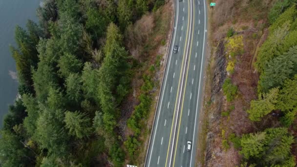 Widok Góry Dół Kanadyjskiej Autostrady Przez Góry Zielonymi Świerkami — Wideo stockowe