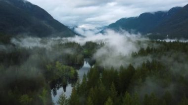 Ayna gölü ve sabah sisinde yeşil ladin ormanının üzerinde bir vadide uç.
