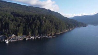 Kanada 'da yeşil ormanlarla kaplı dağların yakınındaki mavi körfez sularının üzerinden uç.