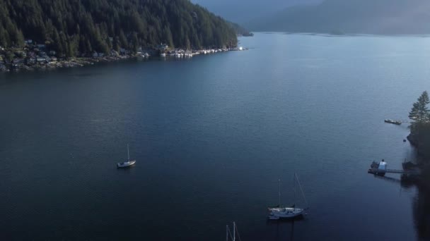 Flygfoto Över Inloppet Med Blått Vatten Yachter Och Gröna Skogfjäll — Stockvideo