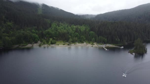 Luftaufnahme Vom Strand See Umgeben Von Grünem Wald Einem Regnerischen — Stockvideo