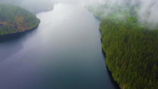 Flyg Över Spegelsjö Med Blå Himmel Reflektion Och Grön Skog — Stockvideo