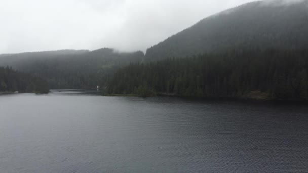 Ruhiger See Umgeben Von Grünen Waldhügeln Mit Nebel Einem Regnerischen — Stockvideo