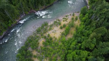 Nehrin yukarıdan aşağı manzarası güneşli bir günde, yeşil ladin ağaçlarıyla çevrili.