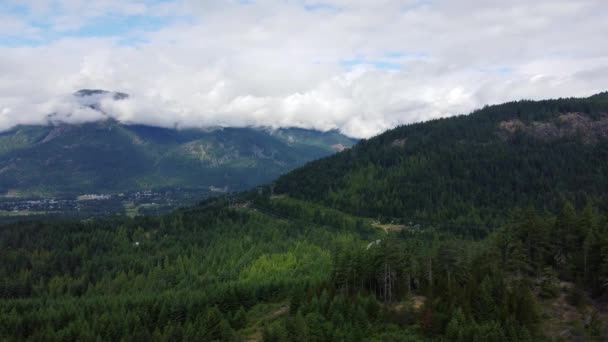 カナダの緑の森の丘を通って山の周りを走る電気線 — ストック動画