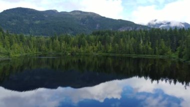 Mavi bulutların yansıması ve orman tepeleri olan ayna gölü manzarası.