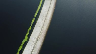 Dalgakıranın tepesinden sakin bir deniz ve uçan küçük kuşlarla.