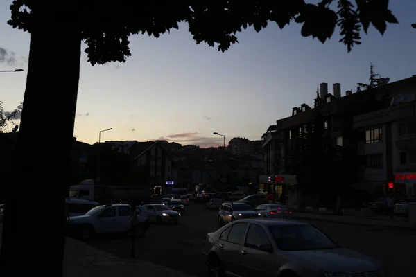 Pôr Sol Cidade Horizonte Paisagem Urbana Céu Arquitetura Arranha Céu — Fotografia de Stock