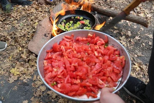 Nourriture Repas Petit Déjeuner Frais Tomate Pain Sain Table Traditionnel — Photo