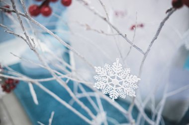 Dikenli bir dalda asılı kar tanesi şeklinde bir Noel oyuncağı.