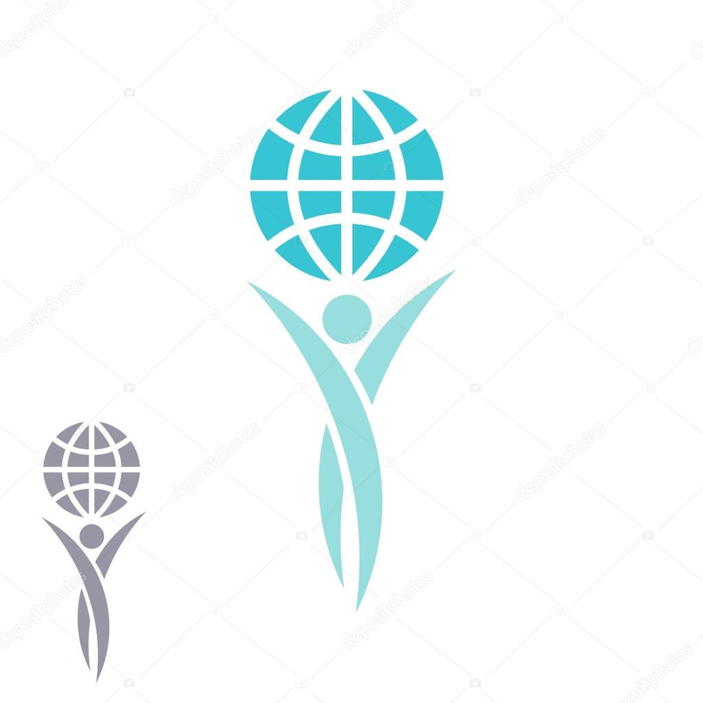 Globe logo, man hands up holding planet together, save Earth emblem