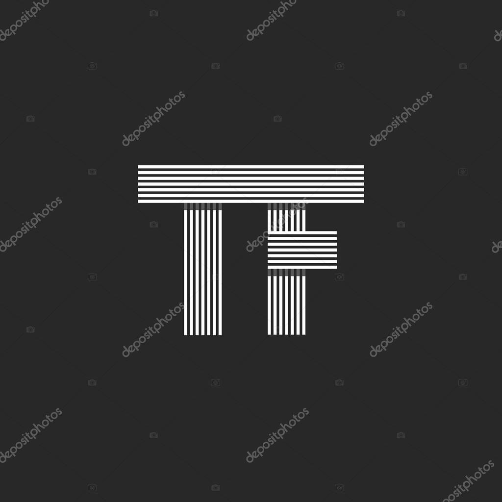 Wedding invitation initials TF letters logo monogram, overlapping parallel thin line business card T F emblem