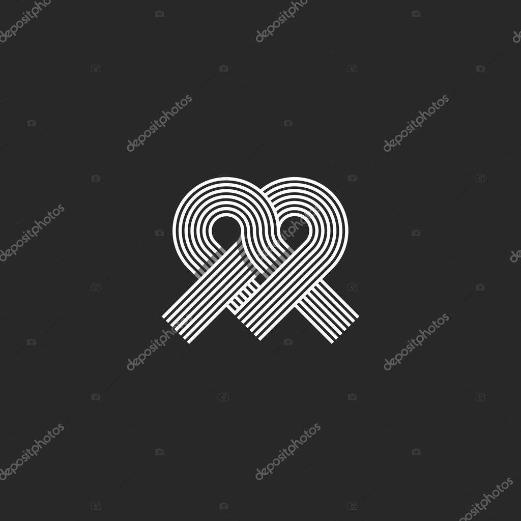 Heart logo monogram shape knot, wedding invitation design element, crossing offset thin line overlapping emblem.Vector illustration