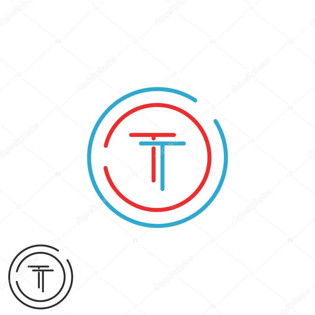 Monogram TT logo letters, two hipster initials red and blue overlapping thin line wedding invitation emblem. Vector illustration