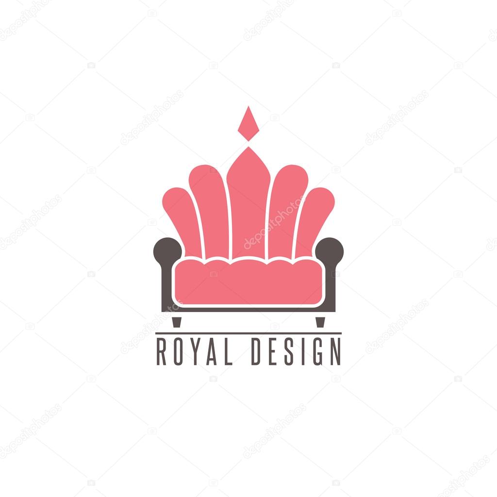 Furniture logo sofa, interior design creative mockup emblem shape crown, comfort divan icon