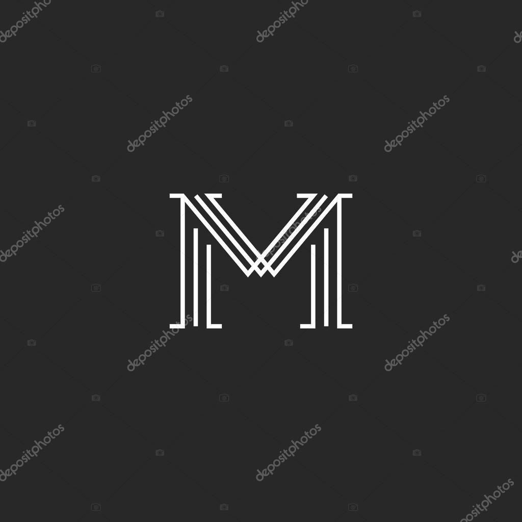 Monogram letter M logo mockup, thin line decoration hipster initial, outline black and white graphic wedding invitation emblem