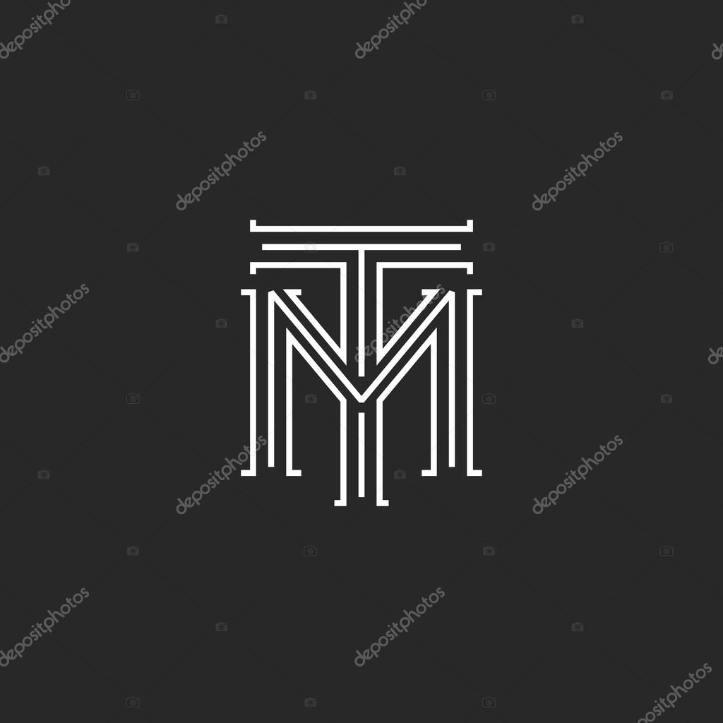 Monogram hipster initials TM logo letters, overlapping connection T M letters thin lines, combination linear weaving symbol for wedding invitation emblem