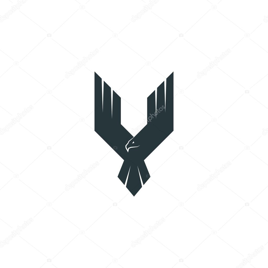 Silhouette eagle logo predator, wings up flying hawk, abstract shape phoenix