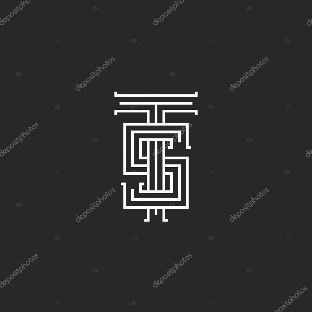 Hipster logo TS combination two letters T S, black and white mockup t-shirt print couple ST linear emblem