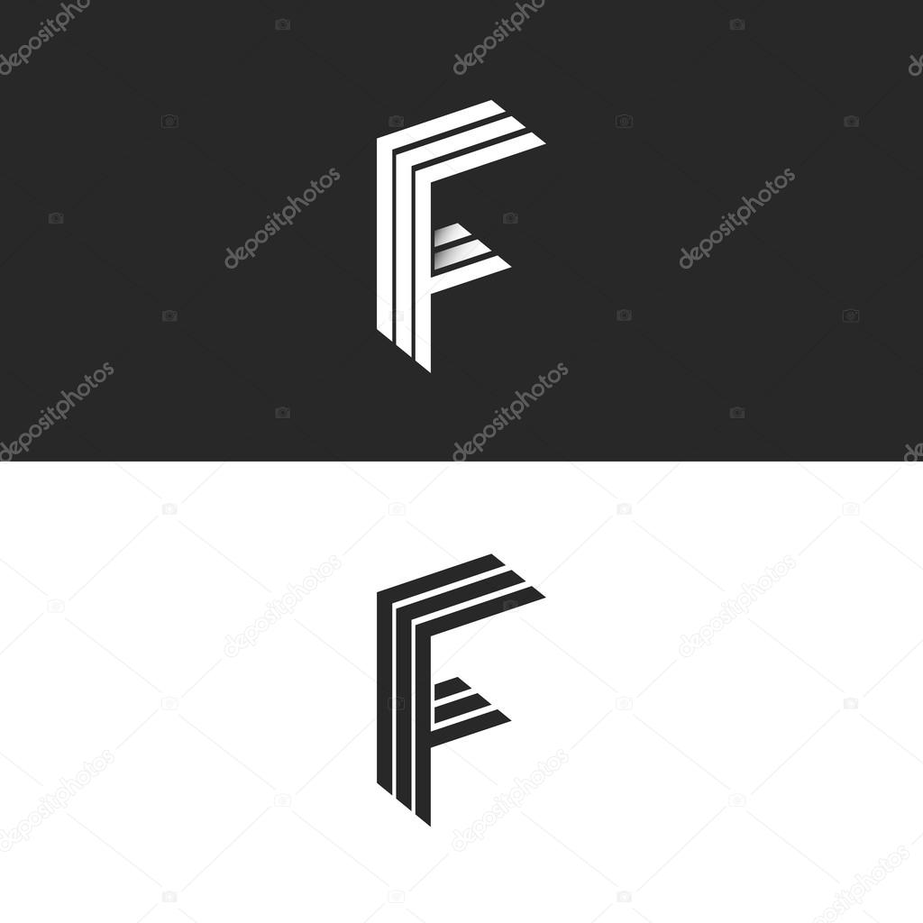 Letter F logo monogram initial, isometric geometric shape graphic design set 3D element, linear black and white business card emblem simple mockup