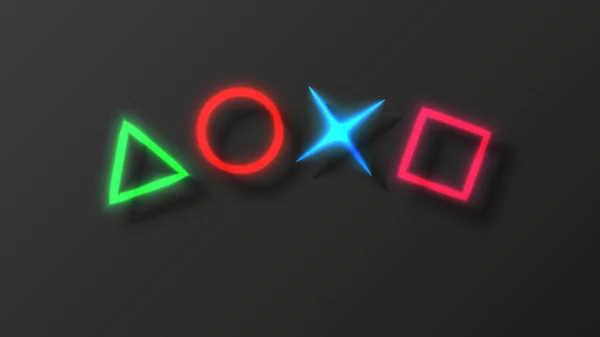 コンピュータゲームの背景ゲームジョイスティックの正方形 三角形 クロスの完全なHdグローネオン看板幾何学的な形状 ゲーマーモニター上の概念スクリーンセーバー — ストックベクタ