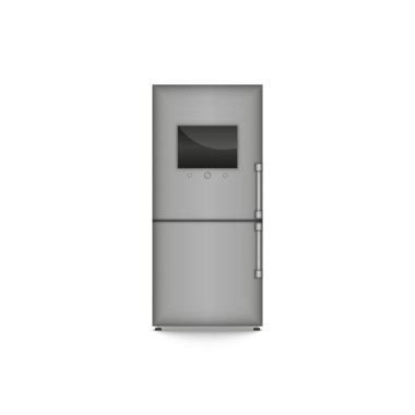 Metalik renkte iki bölmeli kapalı buzdolabı. Büyük ekran konsepti, beyaz arka planda izole edilmiş gerçekçi 3D vektör modeli..