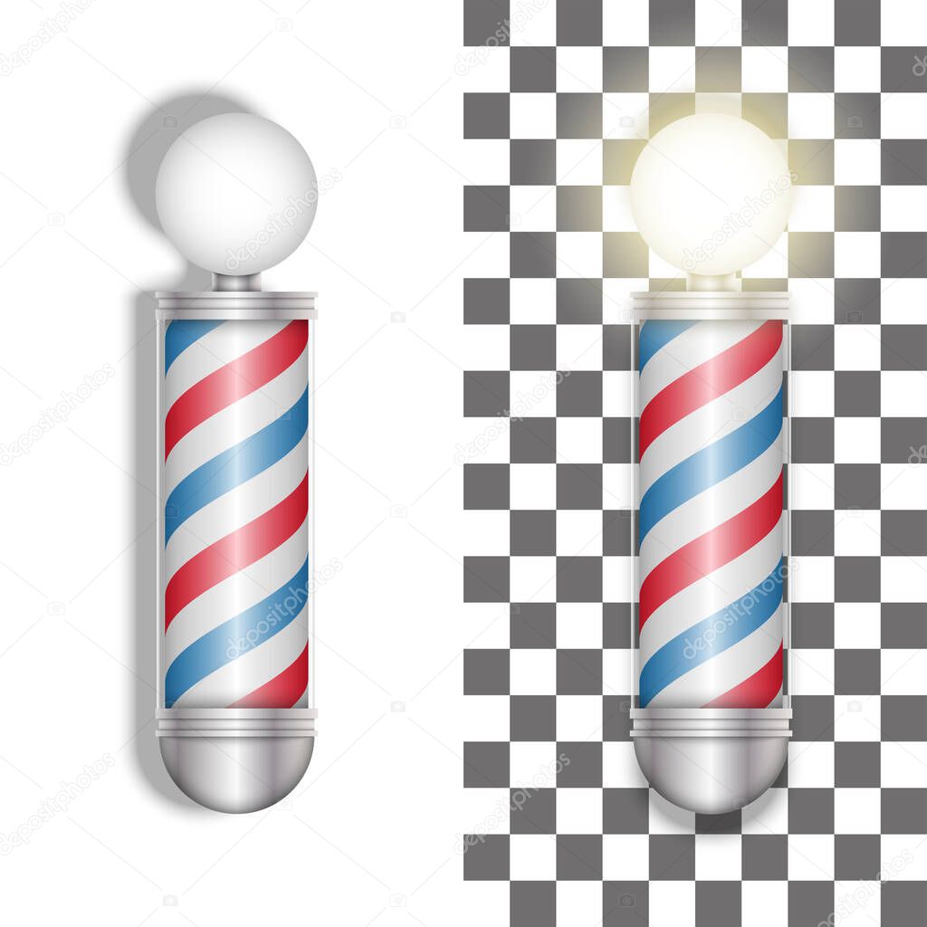 Barber pole helix of colored stripes isolated on the white background lamps on and off sign used by barbers, 3d vector clip art realistic model