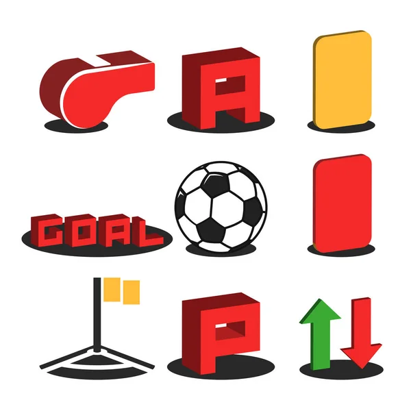 Uppsättning Fotboll Isometriska Ikoner För Online Sändningar Fotbollsmatch Domarens Visselpipa — Stock vektor