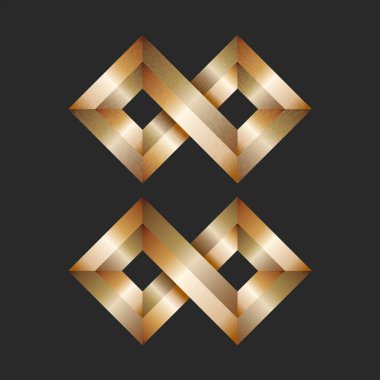 Sonsuz pirinç logo 3 boyutlu, keskin açılı parlak metalik döküntü iki elmas sonsuz işaret.