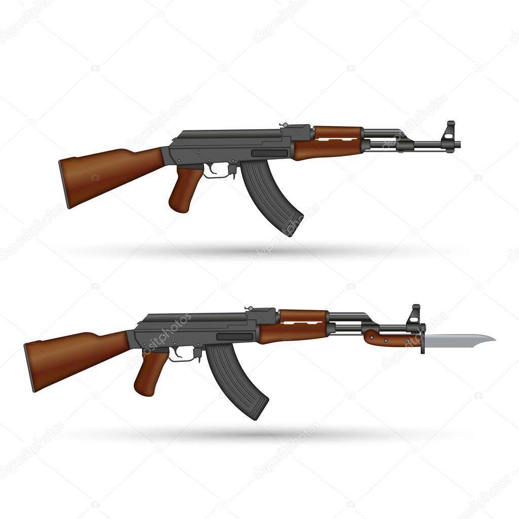 Kalashnikov AK-47 assault rifle with bayonet knife isolated on white realistic vector illustration, 3d model set of soviet weapons set.