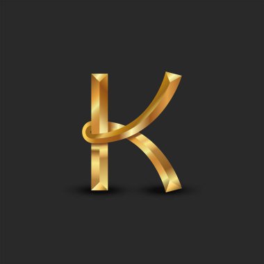 Altın 3d harfli K logosu, yaratıcı kimlik damgası, metalik yüzlü altın kartvizit amblemi