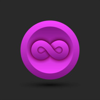 Yuvarlak pembe arkaplan üzerinde şifreli para birimi için sonsuz sembol logosu sonsuz üç boyutlu geometrik şekil.